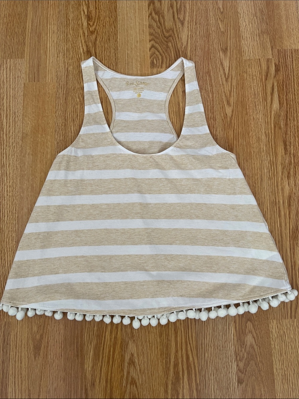 Lilly Pulitzer-Striped Beige & White Pom Trim Racerback Tank Top